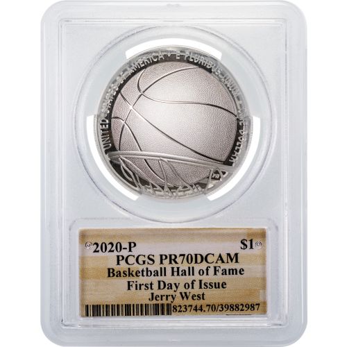 2020-P Silver Basketball Commemorative Dollar First Day of Issue Jerry West PR70 Deep Cameo.