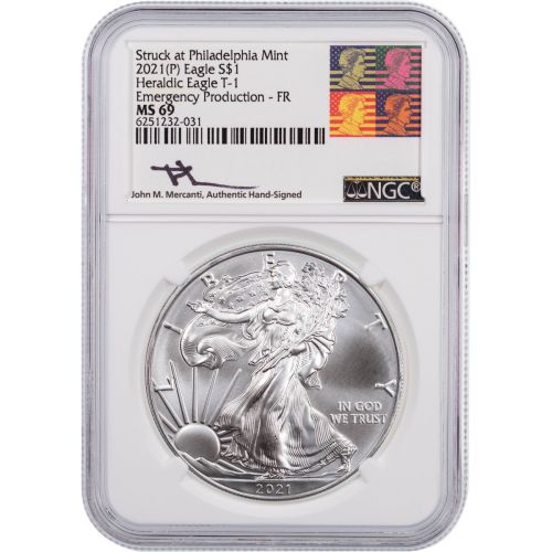 2021 (P) Type 1 American Silver Eagle Emergency Production First Releases MS69 Reagan Mercanti Label