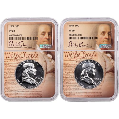 Set of 2: 1962 & 1963 Franklin Half Dollars NGC PF69 We the People Signature Series Incl: Revised Cameo & Brilliant Proof coinage Book 