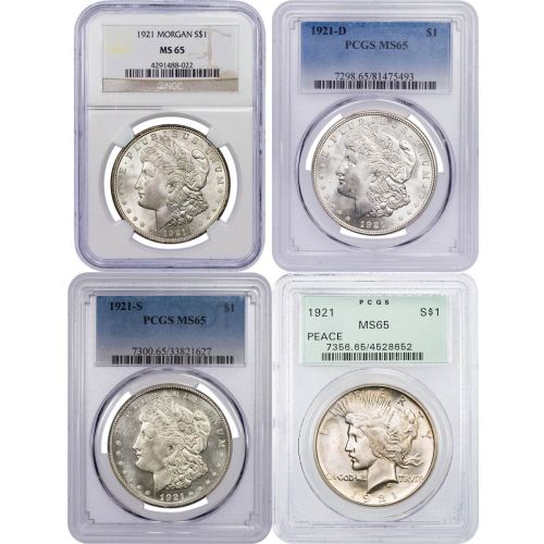Set of 4: 1921 P, D, S Morgan & 1921-p Peace Dollars NGC/PCGS MS65