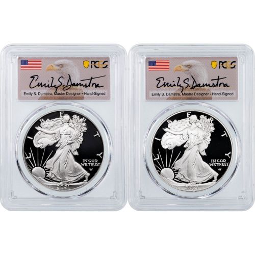Set of 2: 2021-W & 2021-S Type 2 American Silver Eagles PCGS PR70 DCAM First Strike Damstra Label