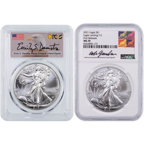 Set of 2: 2021 Type 2 NGC Gaudioso Label, and 2021 Type 2 PCGS Emily Damstra Label American Silver Eagles MS70 Includes: Free Book