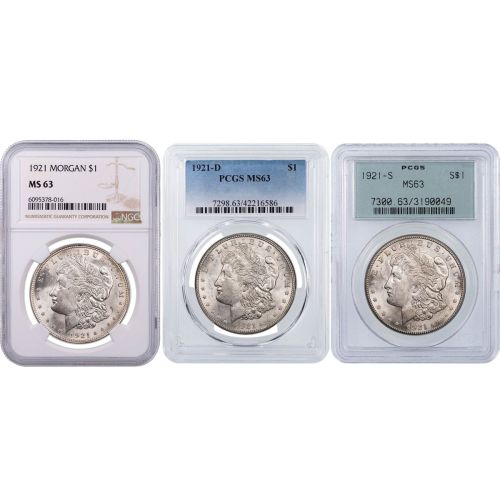 Set of 3: 1921-P, D, and S Morgan Dollars NGC/PCGS MS63