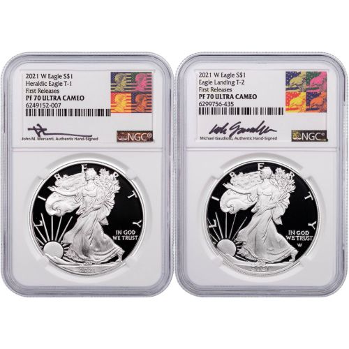 Set of 2: 2021-W Type 1 & Type 2 American Silver Eagles NGC PF70 UCAM Mercanti-Gaudioso Signed Includes: ASE Book