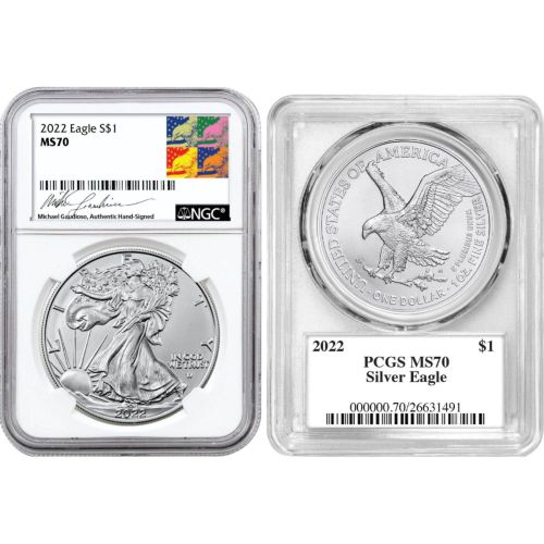 Set of 2: 2022 American Silver Eagles NGC/PCGS MS70 Gaudioso & Damstra Label