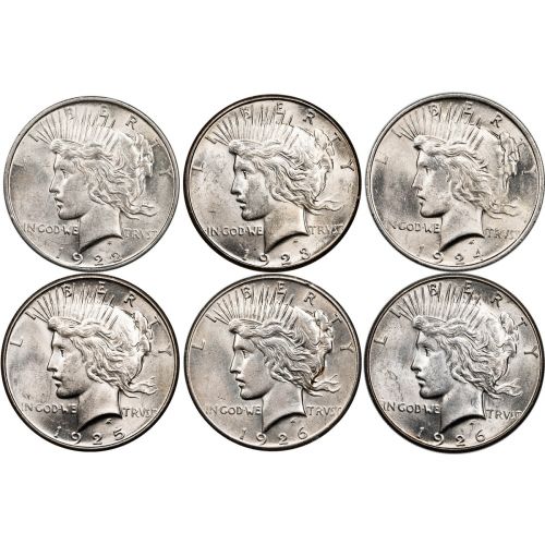 Set of 6: 1922-D, 1923-S, 1924-P, 1925-P, 1926-P, and 1926-S Peace Dollars Brilliant Uncirculated