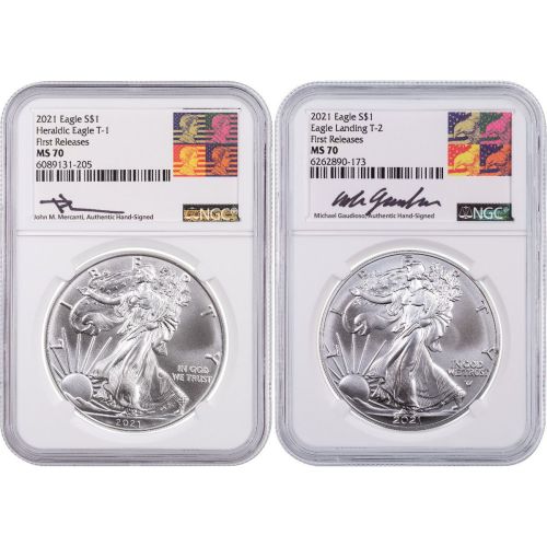 Set of 2: 2021 Type 1 & Type 2 American Silver Eagles MS70 First Releases Reagan Mercanti and Reagan Gaudioso Labels includes: Free American Silver Eagle Book and Collectors Cards