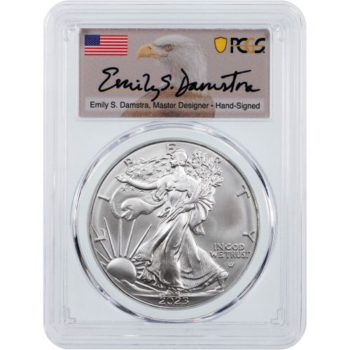 2023 American Silver Eagle PCGS MS70 First Day of Issue Damstra Signature