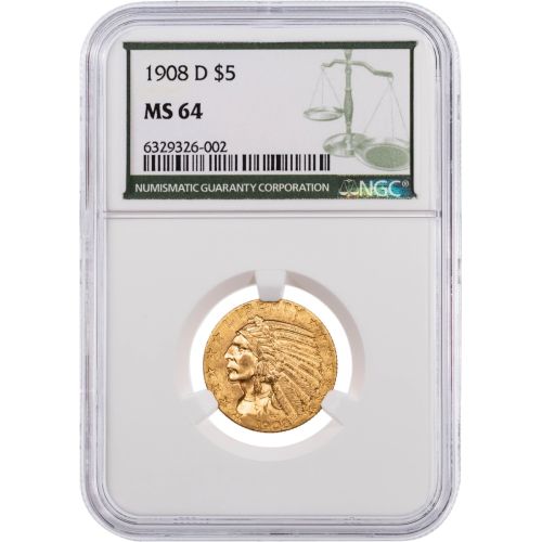 $5 1908-D Indian Head Gold Half Eagle NGC/PCGS MS64