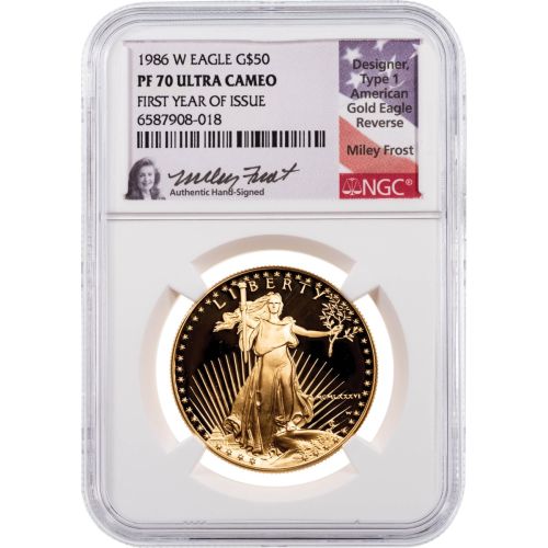 $50 1986-W 1oz American Gold Eagle NGC PF70UCAM Miley Frost Signature 
