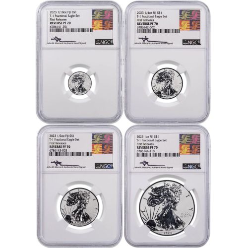 Set of 4: 2023 T1 Fractional Fiji Silver Eagles NGC  Reverse PF70 First Release Reagan Mercanti Signed           