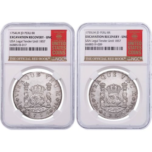 Set of 2: 1754 and 1755 8R Pillar Dollar NGC Excavation Recovery Uncirculated                                     
