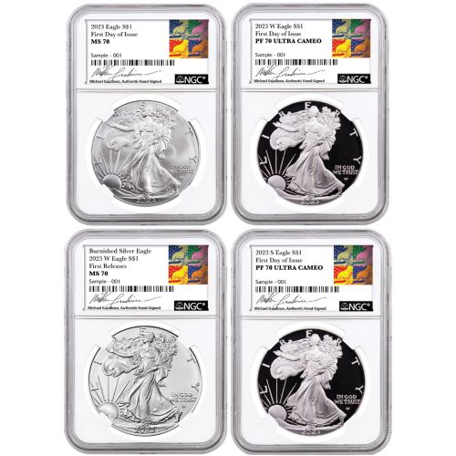 Set of 4: 2023 American Silver Eagles MS/PF70 Includes: 2023-W Burnished First Release, 2023-W PF, 2023 MS & 2023-S PF FDI