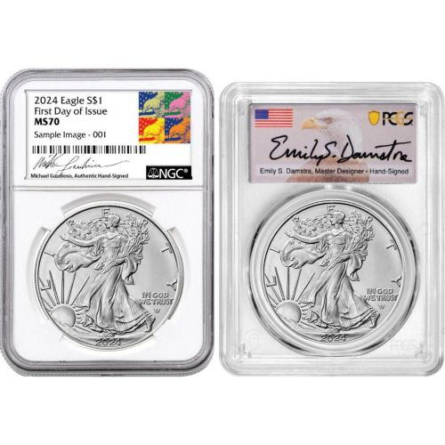 Set of 2: 2024 American Silver Eagles NGC/PCGS MS70 FDI Gaudioso/Damstra Signature Incl: ASE Book & Reagan Medal