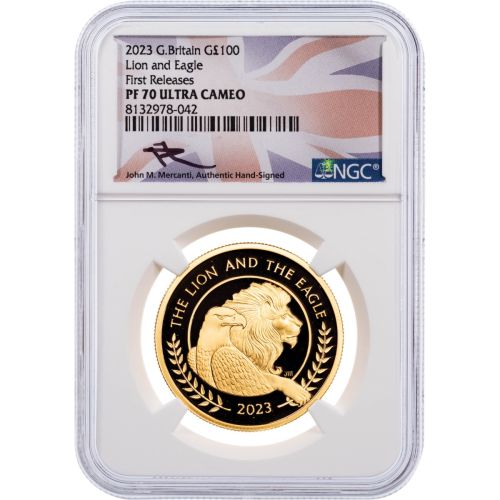 G100£ 2023 1oz. Gold Great Britain Lion & Eagle NGC PF70 UCAM First Release Mercanti Signed