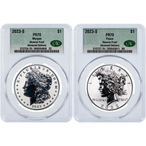 Set of 2: $1 2023-S Rev Proof Morgan & Peace Dollar CAC PR70 Advance Delivery