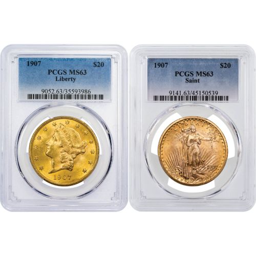 Set of 2: $20 1907 Liberty Head & Saint Gaudens Gold Double Eagles NGC/PCGS MS63