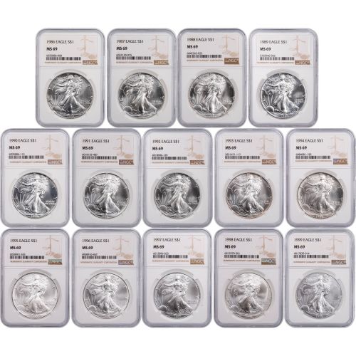 Set of 14: 1986 - 1999 American Silver Eagles NGC MS69