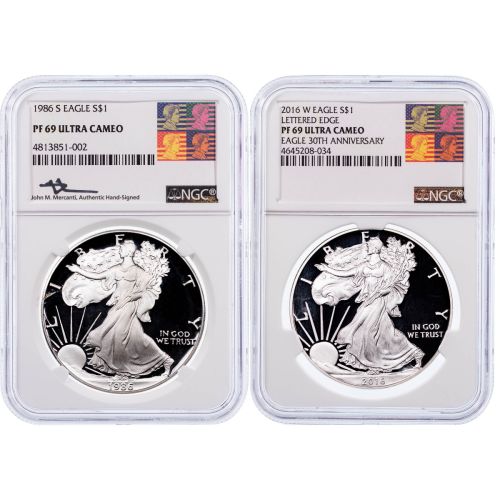 Set of 2: 1986-S & 2016-W American Silver Eagle NGC PF69 Mercanti Signed Label