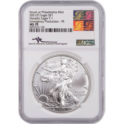 2021 (P) Type 1 American Silver Eagle NGC MS70 “Emergency Production” FR Reagan Mercanti Label