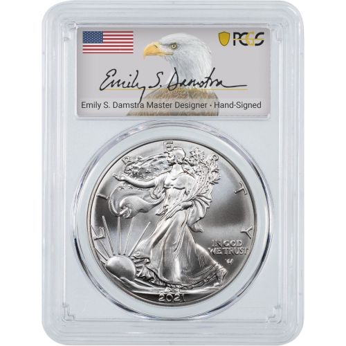 2021 Type 2 American Silver Eagle PCGS MS70 First Strike Emily Damstra Label