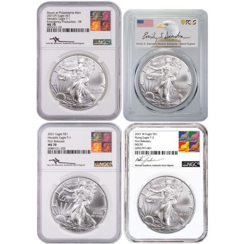 Set of 4: 2021 Type 1 NGC Reagan Mercanti Label, 2021 (P) Type 1 NGC Reagan Mercanti Label Emergency Production, 2021 Type 2 NGC Gaudioso Label, and 2021 Type 2 PCGS Emily Damstra Label American Silver Eagles MS70