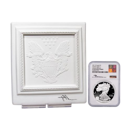 The Modern Masterpiece Set Includes 2021-W T1 Silver Eagle NGC PF69 & Heraldic Eagle Bas Relief Signed by John Mercanti
