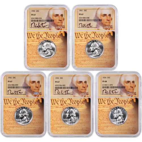 Set of 5: 1950-1953 Washington Quarters NGC PF67, includes 1954 NGC PF68 Crossing the Delaware Signature Series 