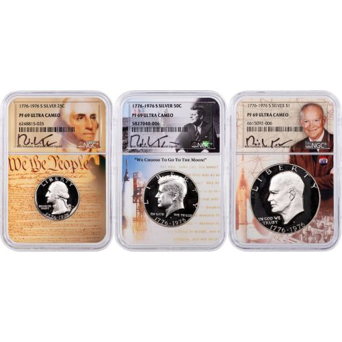 Set of 3: 1976-S Silver Bicentennial Signature Set Eisenhower Dollar, Kennedy Half Dollar, and Washington Quarter NGC PF69 Ultra Cameo